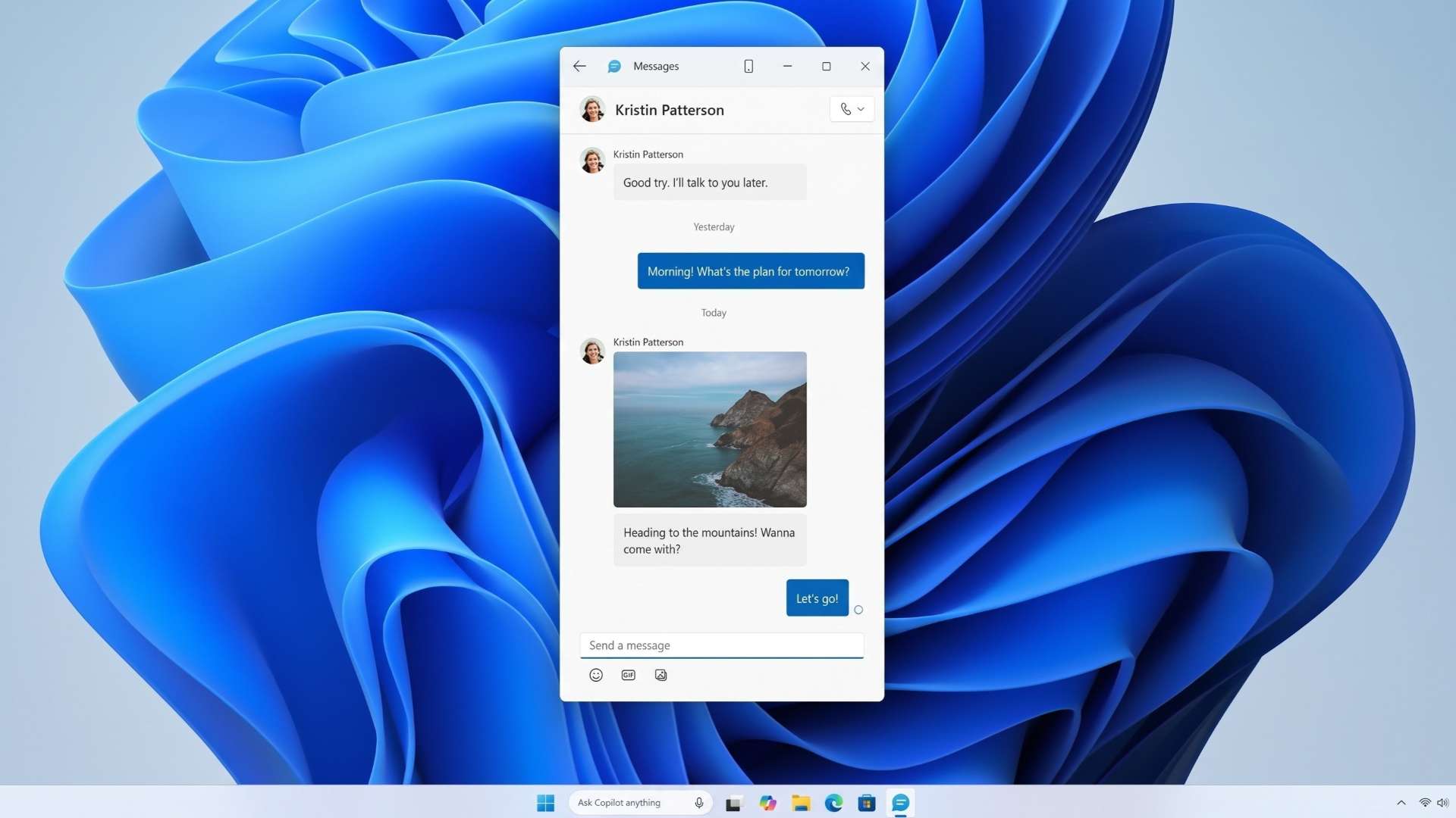Screenshot of a Windows chat window with a conversation from Kristin Patterson, includes a photo, message bubbles, and a 'Let's go!' button on a blue abstract background