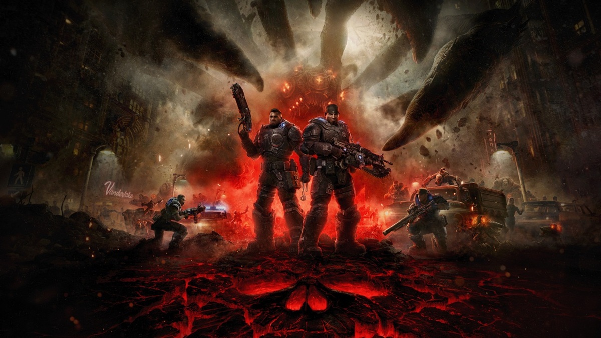 Gears of war e day Two Heavily Armored Soldiers with Guns Stand Back to back Amid Fiery Lava Smoke and a Looming Giant Hand over a Ruined Cityscape