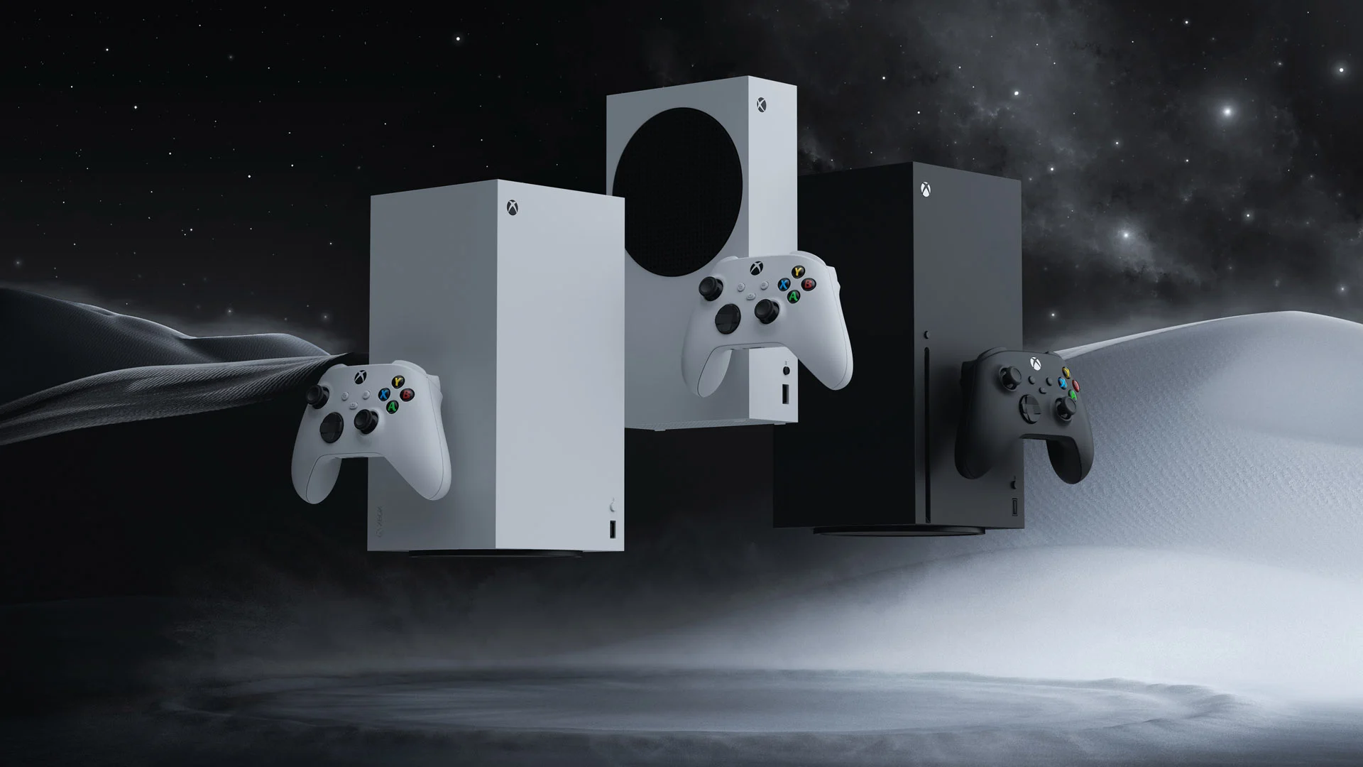 Xbox hardware may Three Xbox Consoles two Tall Blackgray One White with Their Controllers Floating in a Dark Starry Space Scene Above a Pale Landscape