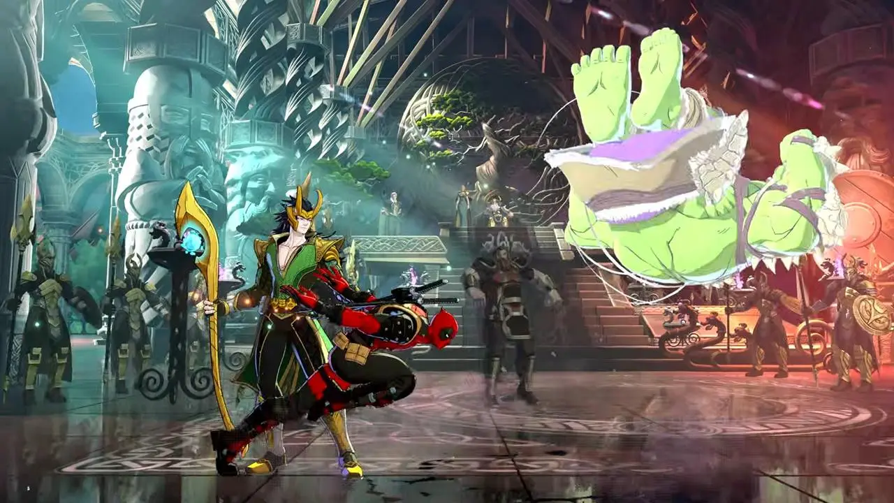 Fantasy Arena Battle a Green and gold Armored Hero Clashes with a Red clad Fighter As Crowd Looks On