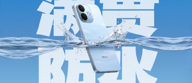 Blue Redmi smartphone splashing into water against a blue background with large white text behind it.