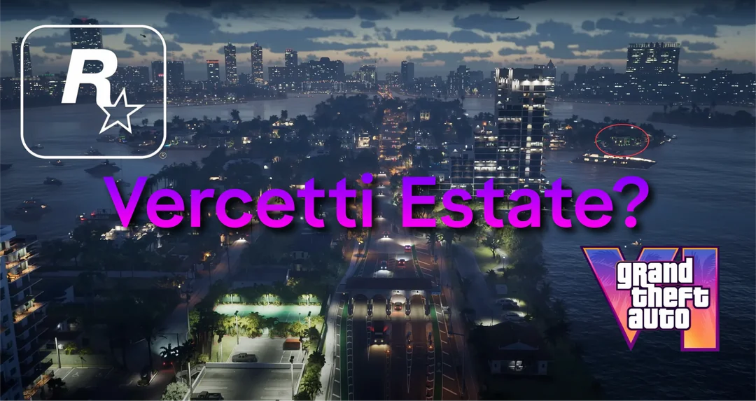 Is this vercetti estate Nighttime City Skyline with Rockstar Logo Top Left Bold Purple Text 'vercetti Estate' and Gta V Emblem Bottom Right
