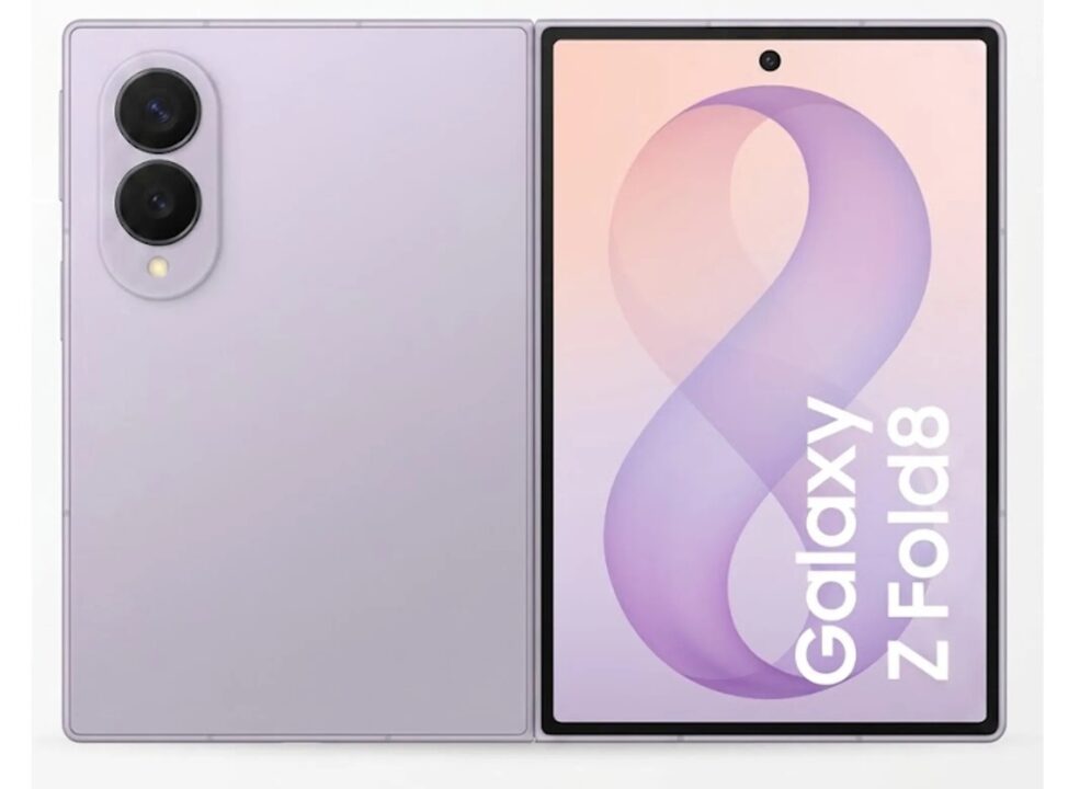 Lavender foldable smartphone showing a vertical dual-camera module on the back and a tall display on the front.