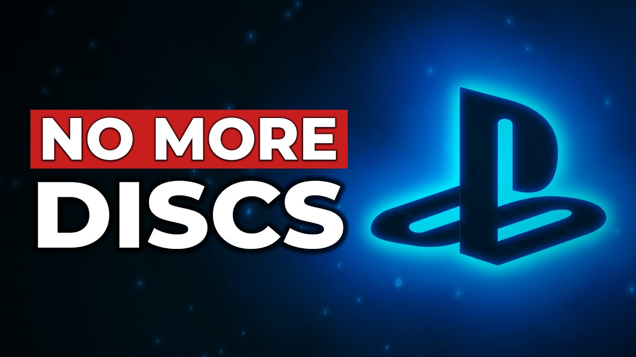 Graphic Message 'no More Discs' with a Red Banner and Bold White Text Next to a Glowing Blue Playstation Logo Suggesting Digital only Gaming