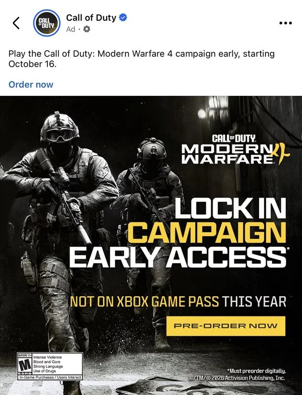 Ad Banner for Call of Duty Modern Warfare Ii Showing Two Armed Soldiers Text 'lock in Campaign Early Access' and 'not on Xbox Game Pass This Year' 'pre order Now' Button Visible