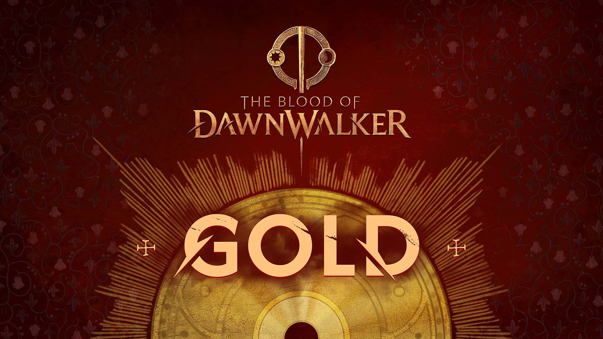 the Blood of Dawnwalker Gold Promotional Poster for the Blood of Dawnwalker with Gold Lettering and a Radiating Sunburst on a Red Patterned Background
