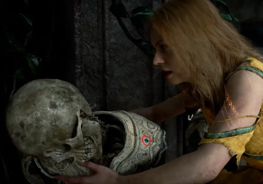 Woman in a Yellow Dress Leans Toward an Ornate Stone Skull Helmet Touching It Reverently
