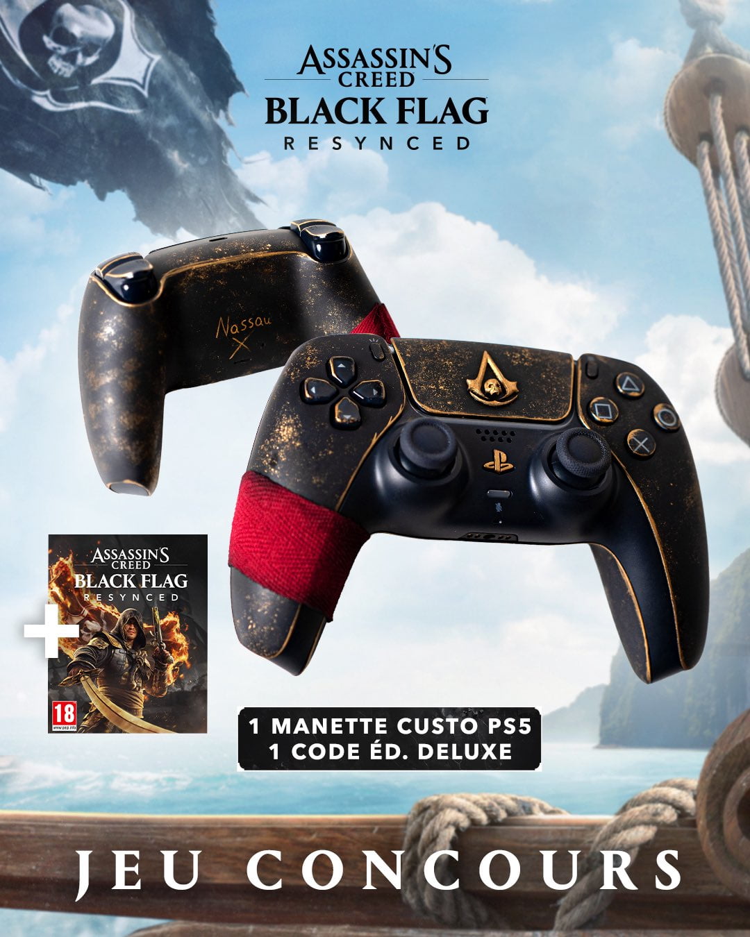 Promotional Image for an Assassin's Creed Black Flag Resynced Contest Featuring a Gold speckled Customized Ps5 Controller with the Game Cover and a Prize Banner in French One Custom Controller and Deluxe Code Bottom Text Je Concours