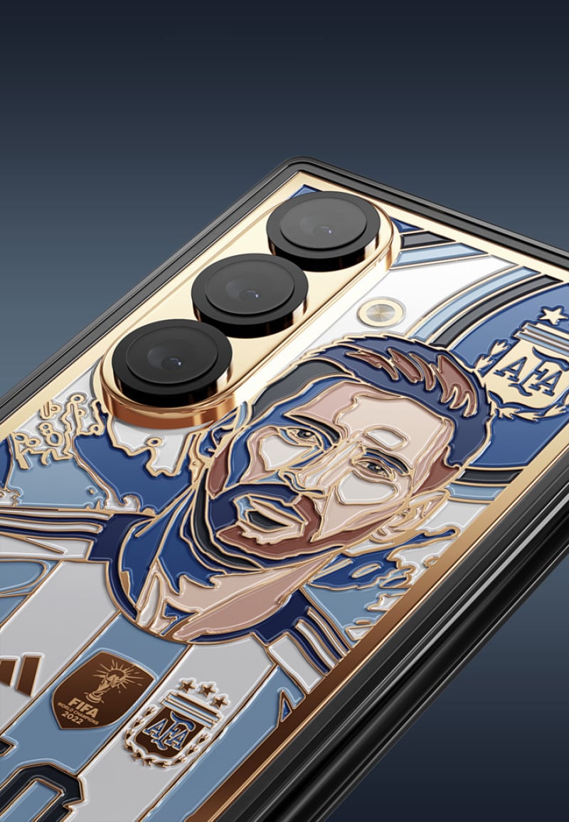 Close-up of a smartphone with a glossy case showing a stylized portrait and a triple-camera module, set against a gradient backdrop.