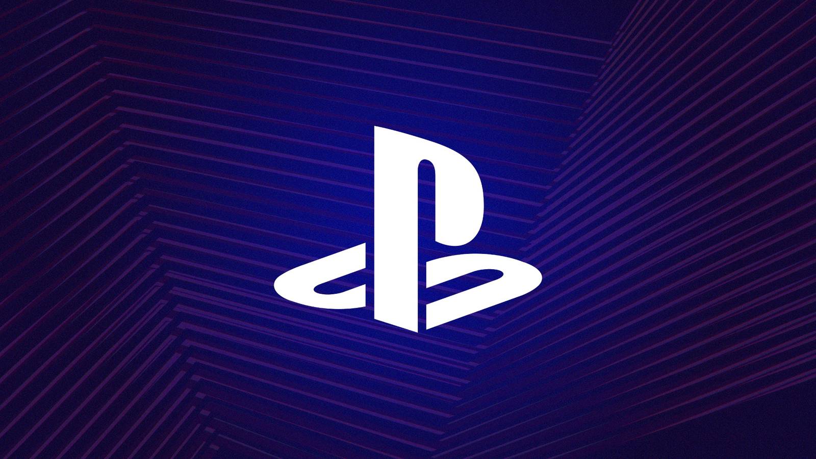 White Playstation Logo Centered on a Dark Purple Striped Background