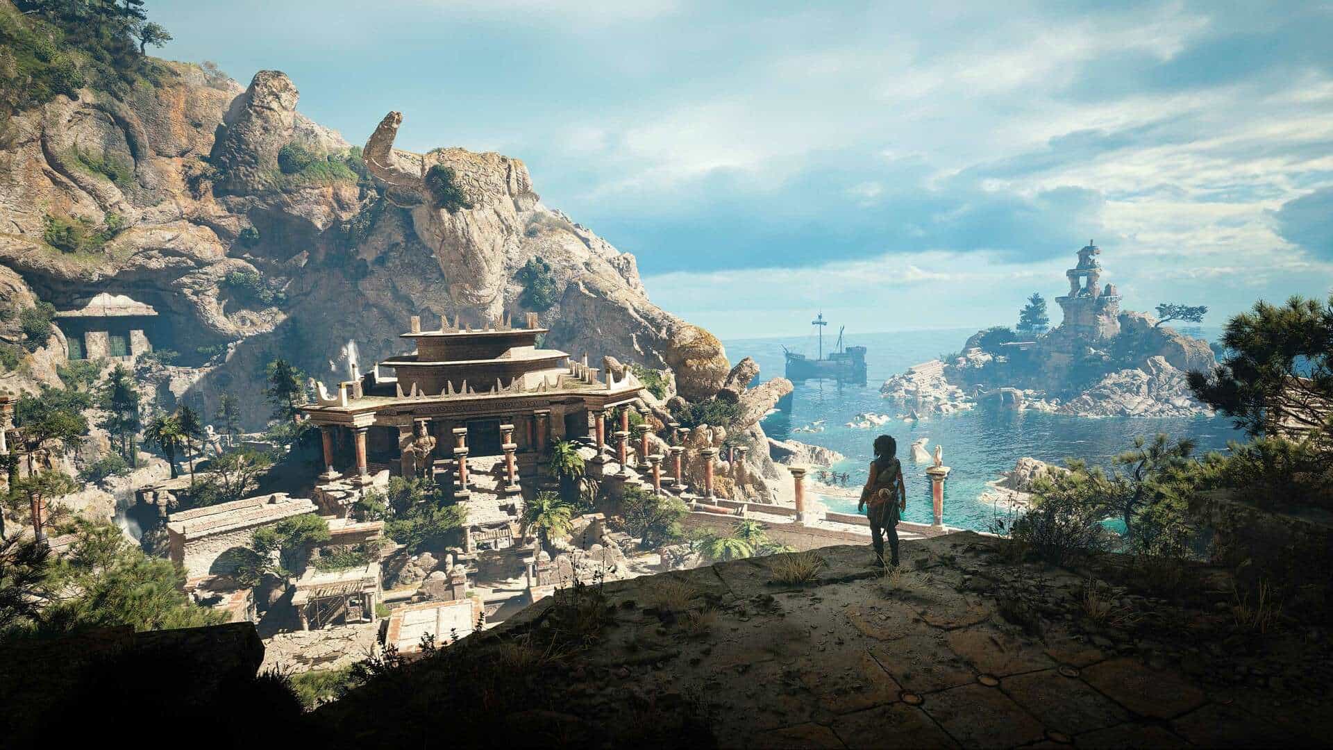 a Lone Traveler in Ancient Temple Ruins Along a Rocky Coastline Overlooking the Blue Sea