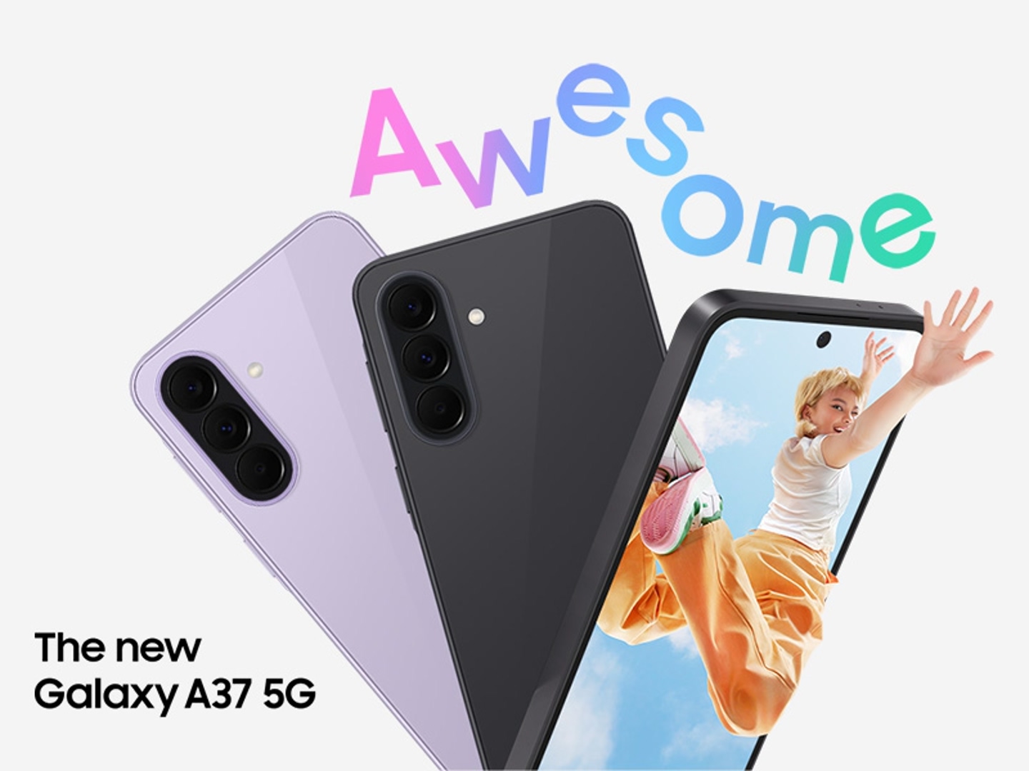 Galaxy A37 5G advertisement showing three phones in purple and black with a person jumping on the screen under colorful 'Awesome' lettering.