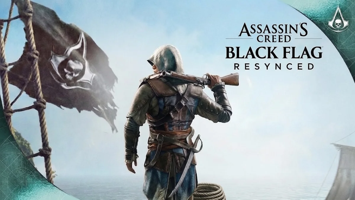 Assassin's Creed Black Flag Resynced Cover Hooded Assassin on a Ship Deck with a Rifle Sea in the Background