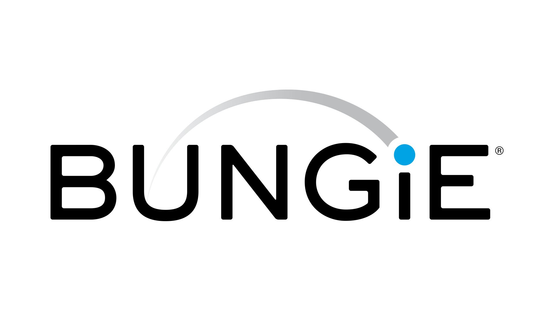 Bungie Wordmark in Bold Black with a Gray Arc Overhead and a Blue Dot Near the 'i'