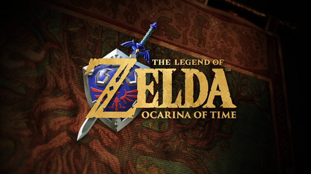 the Legend of Zelda Ocarina of Time Title Logo with a Sword Behind a Blue Shield on a Dark Patterned Background Gold Letters Across the Center