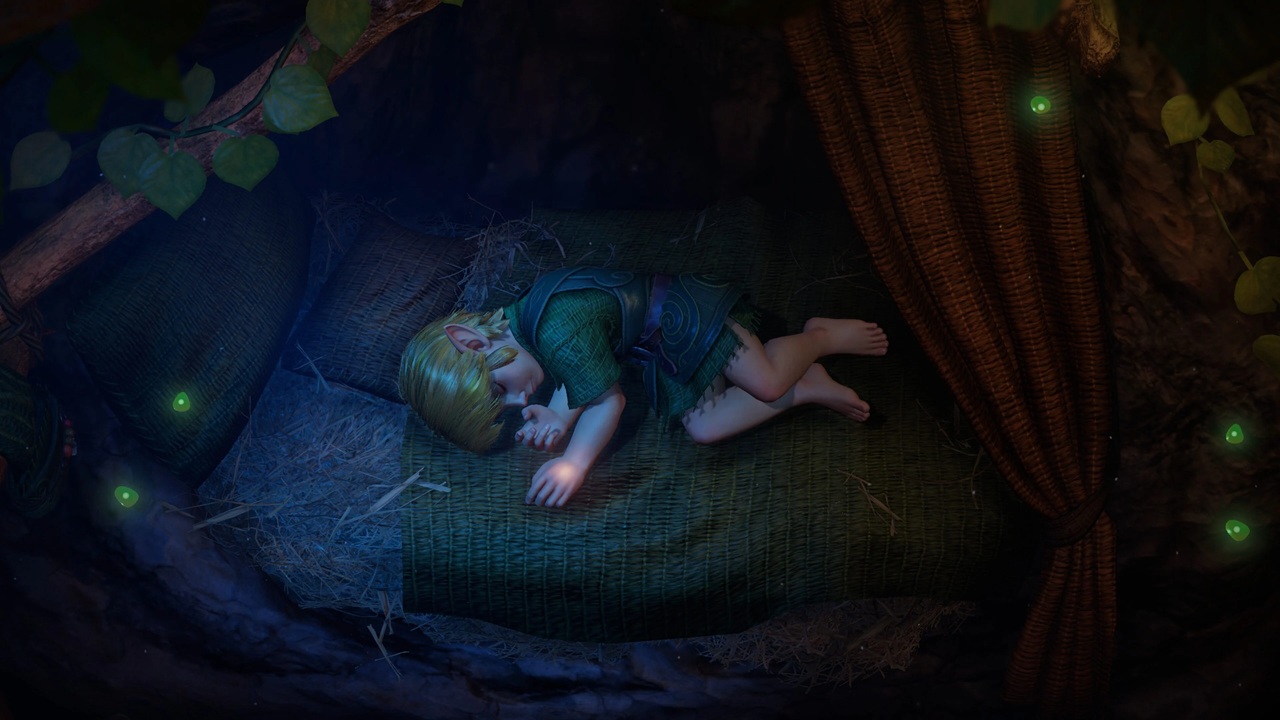 Sleeping Elf doll Curled on a Green Woven Bed Inside a Dark Cave Surrounded by Blue Light and Small Green Glowing Orbs