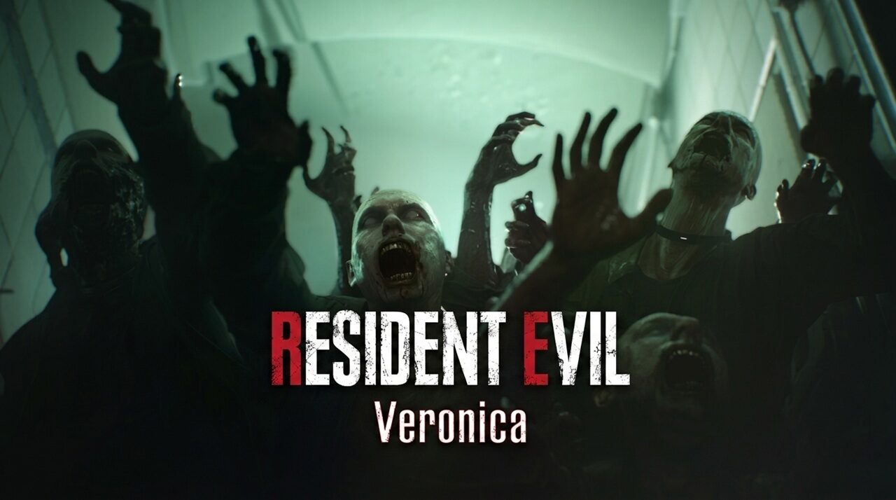 Zombie Horde Reaching Toward the Camera in a Dim Green tinted Hallway with the Title &aposresident Evil Veronica&apos Overlaid in Bold Redwhite Letters