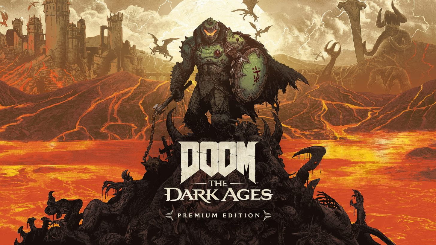 Armored Demon Hunter Stands on a Jagged Lava Mound in a Fiery Wasteland with a Ruined Fortress in the Background Features the Doom the Dark Ages Premium Edition Logo