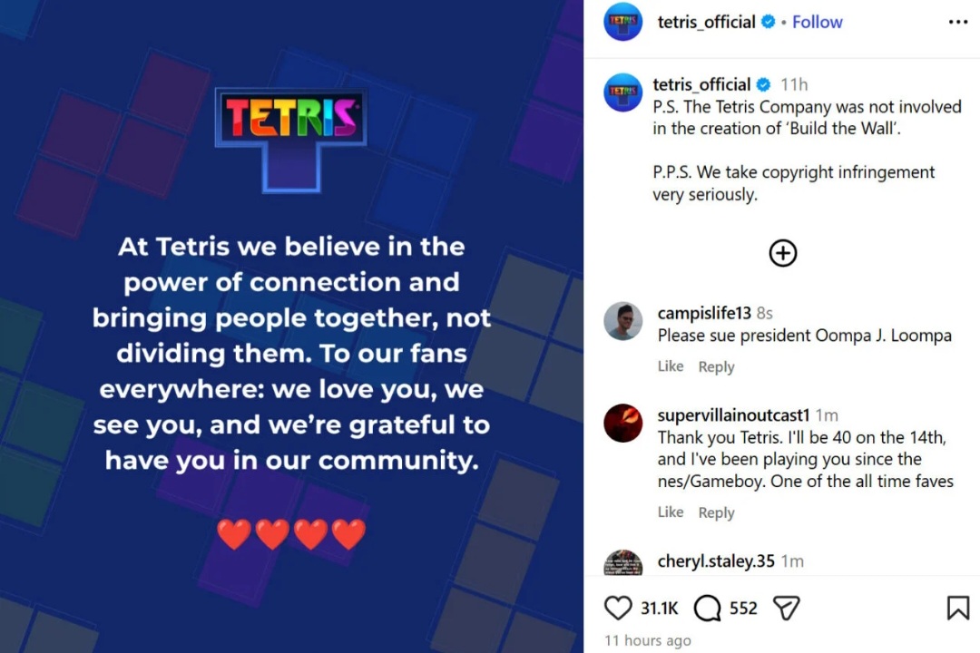 عنوان Tetris از بازی مشابه ساخته‌شده توسط کاخ سفید فاصله گرفت: نقض حقوق مالکیت فکری را بسیار جدی می‌گیریم | لینک ۳۶۵