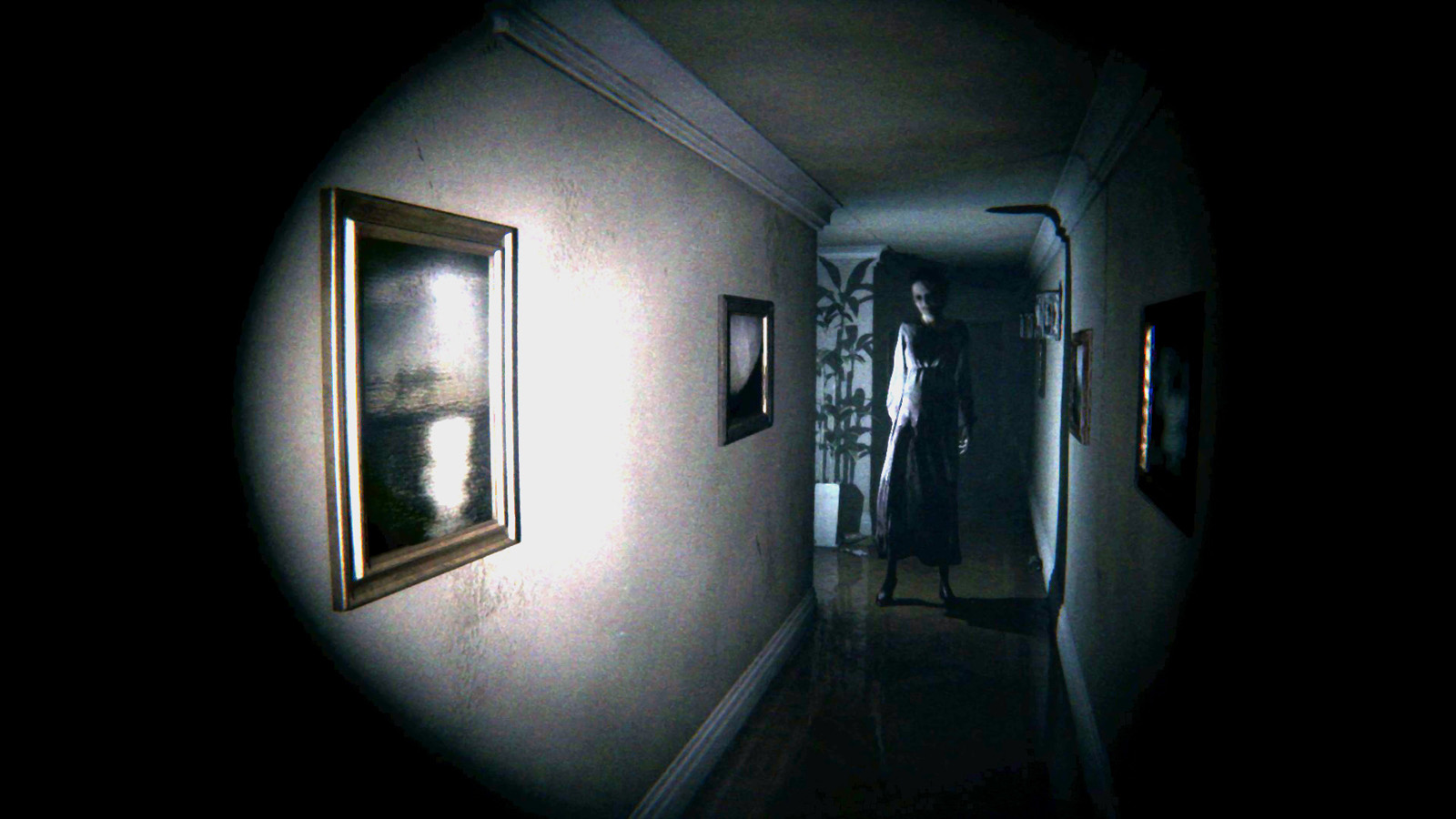 A dark, narrow hallway with a shadowy, ghost-like woman standing near the end, dimly lit and eerie.