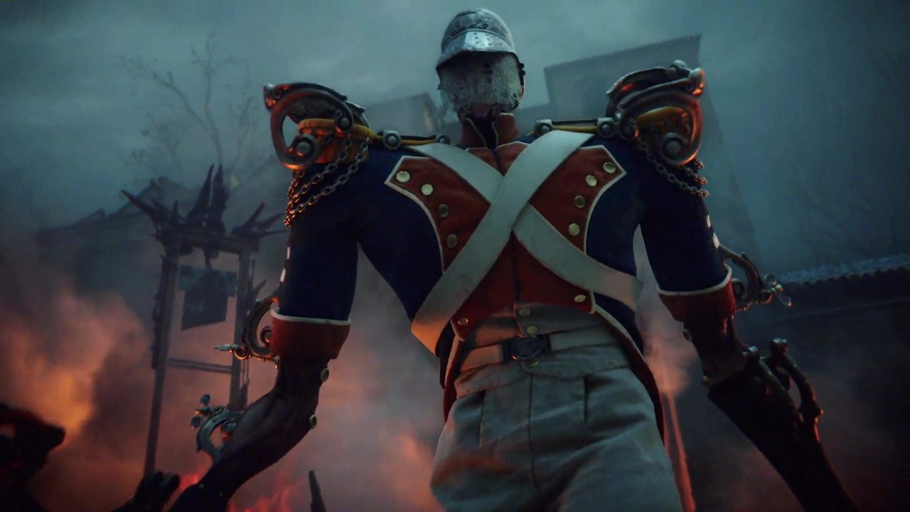 Armored wartime figure seen from behind, standing amid smoke and flames on a battlefield, wearing red, blue, and white uniform with ornate shoulder decorations and a helmet.