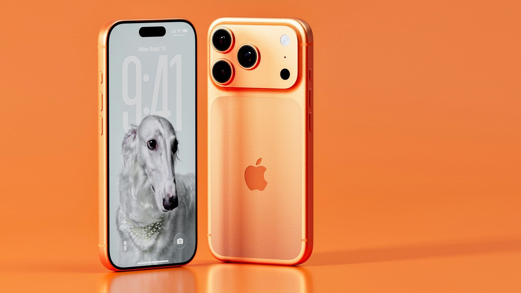 Two orange iPhones with a white dog on the front screen, wearing a pearl necklace .