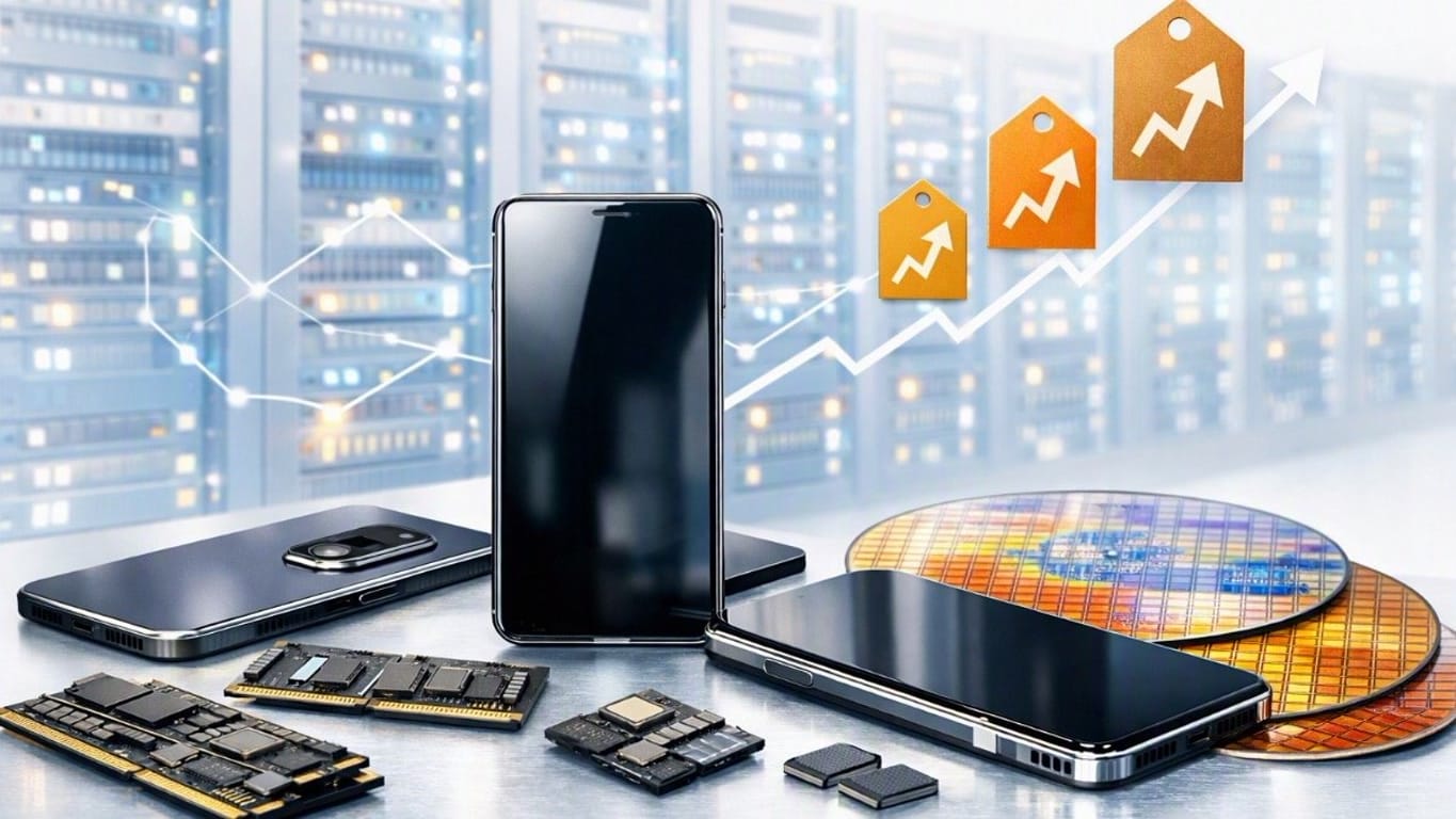 Smartphones, RAM modules, and circuit components on a worktable with a server-room backdrop and rising orange growth arrows.