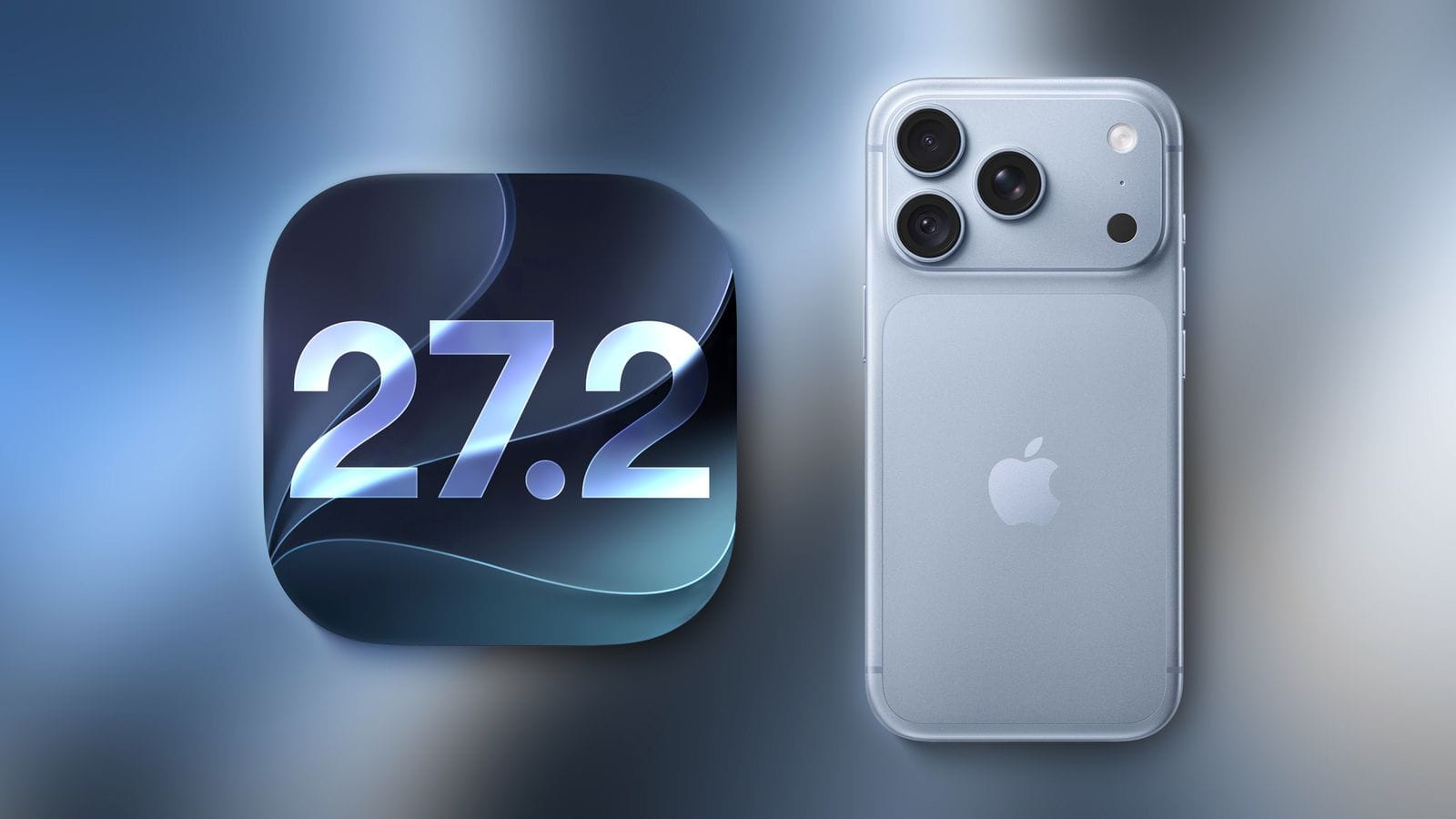 Silver iPhone with triple cameras beside a glossy app icon showing 27.2 on a blue gradient background.