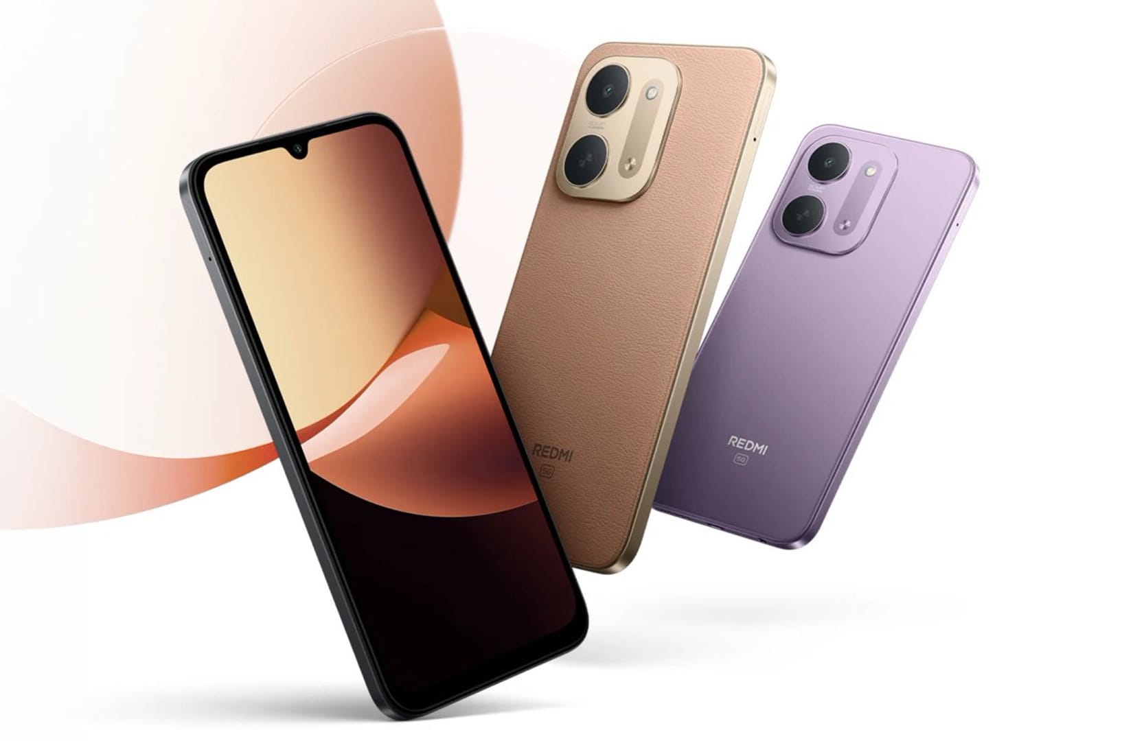 Three Redmi smartphones in black, brown leather, and lavender, shown at dynamic angles to highlight the front screen and rear camera modules.