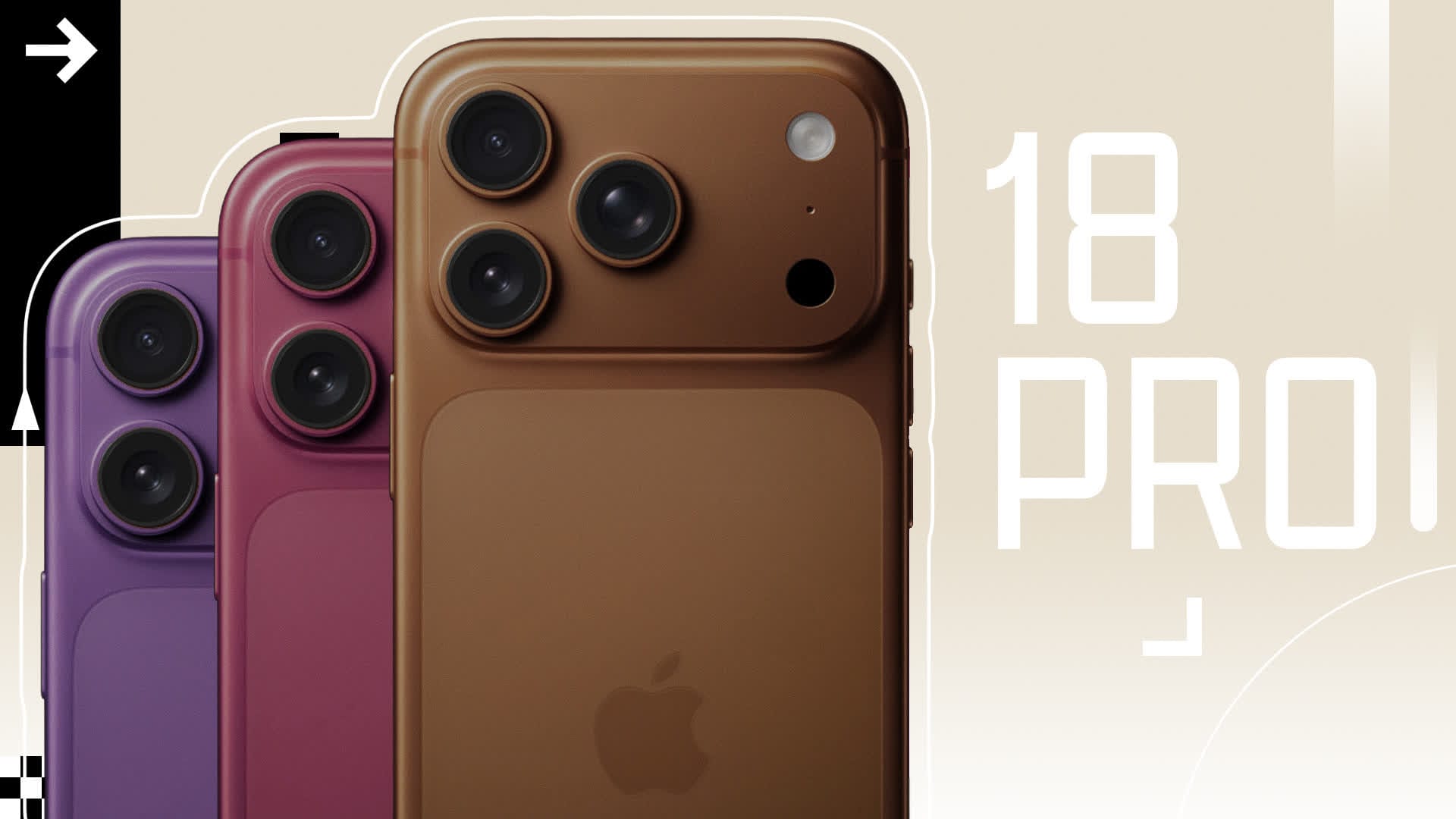 Close-up of three iPhone-like smartphones in purple, pink, and bronze with triple-camera backs; bold '18 PRO' lettering on a beige background.