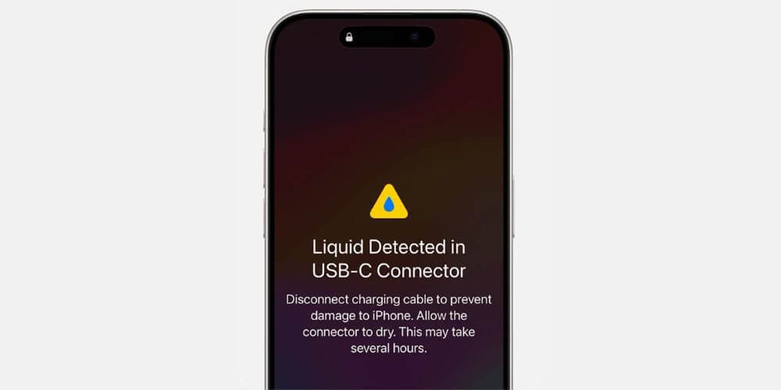Warning screen on iPhone: Liquid Detected in USB-C Connector with instructions to disconnect and dry the connector
