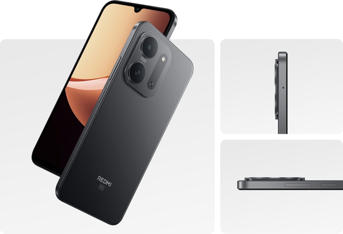 1000084485 Dark gray Redmi smartphone with a prominent triple-camera module, shown from back and side angles in a collage.