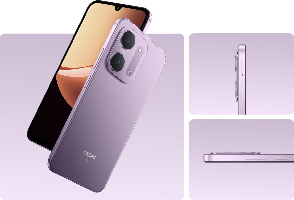 1000084484 Purple Redmi smartphone shown from multiple angles on a lavender collage background, highlighting the quad-camera module on the back.