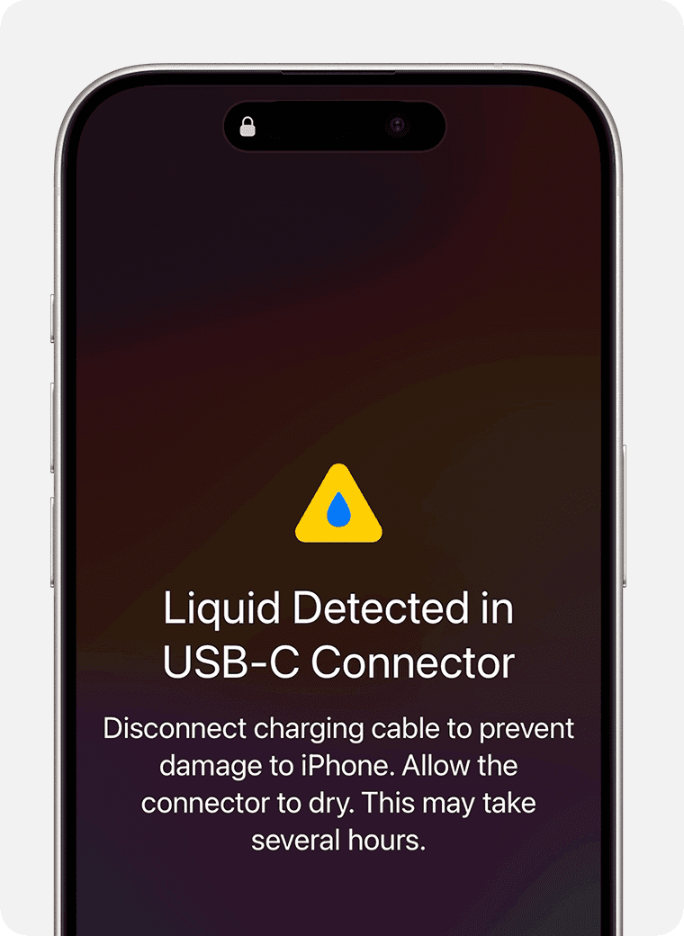 Warning screen on iPhone: liquid detected in USB-C connector; disconnect the charger and let it dry, which may take several hours (icon: yellow triangle with blue droplet).