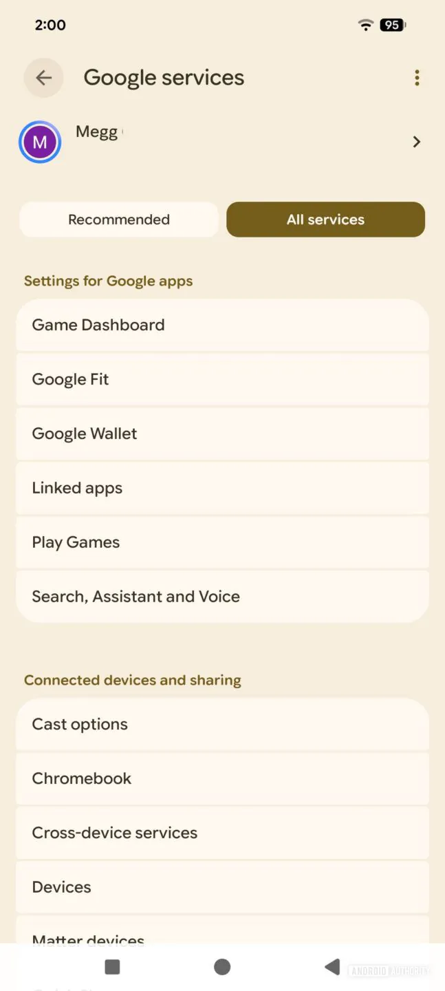 Google services settings screen showing tabs, user avatar, and a list of apps like Game Dashboard, Google Fit, Google Wallet, Play Games, and Search, Assistant and Voice.