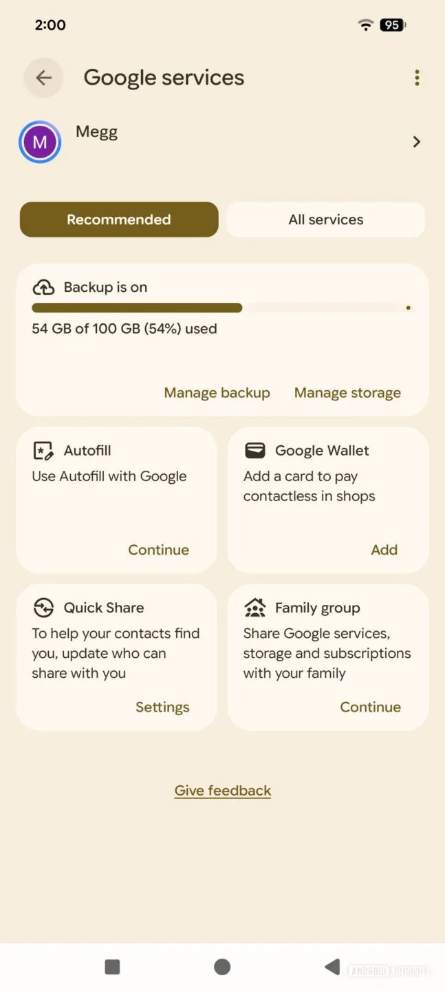 Google Services settings screen with beige theme showing backup status, and options for Autofill, Google Wallet, Quick Share, and Family group.