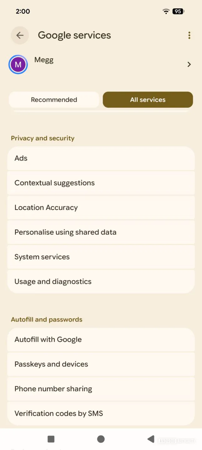 Google Services settings screen showing profile header, tabs (Recommended, All services), and lists under Privacy and security and Autofill and passwords.