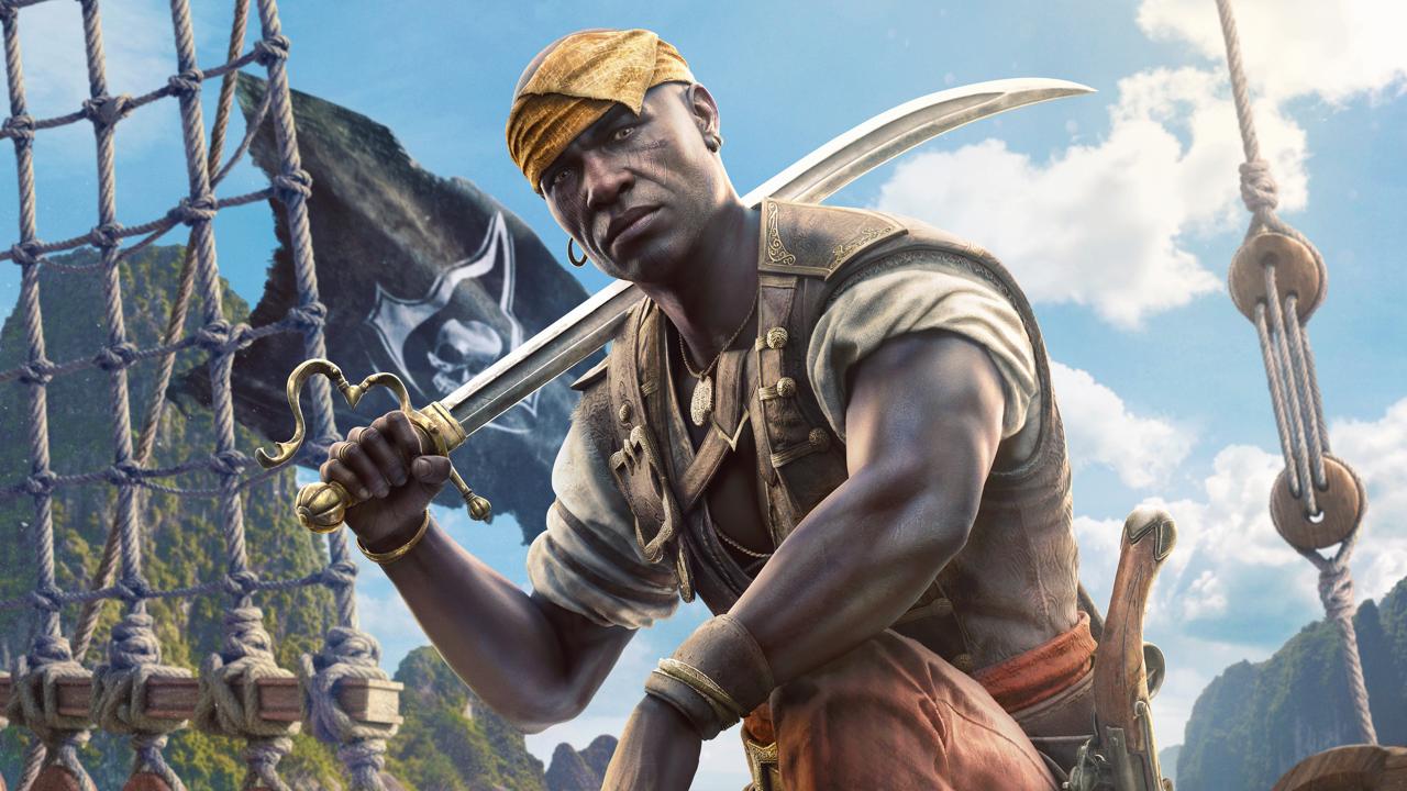 Pirate Warrior with a Curved Sword on a Rope slung Ship Deck Sails and Cliffs in the Background