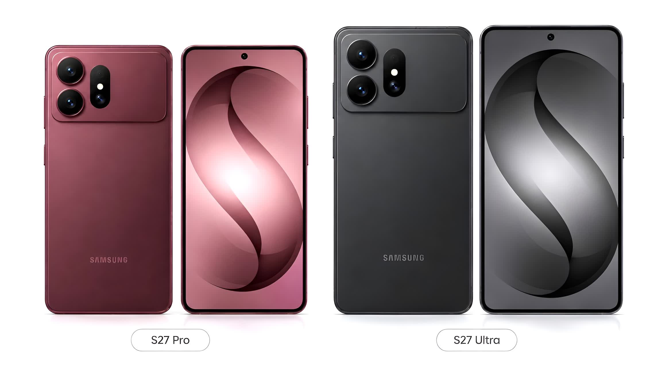 Side-by-side Samsung S27 Pro (red) and S27 Ultra (gray) smartphones, showing rear camera modules and tall edge-to-edge displays on both.
