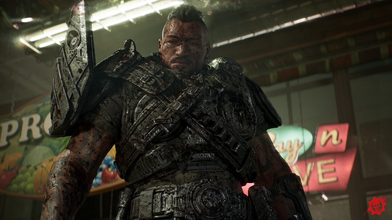 Battle scarred Soldier in Oversized Plated Armor Stands in a Gritty Neon lit Indoor Setting Blood on His Face and Suit