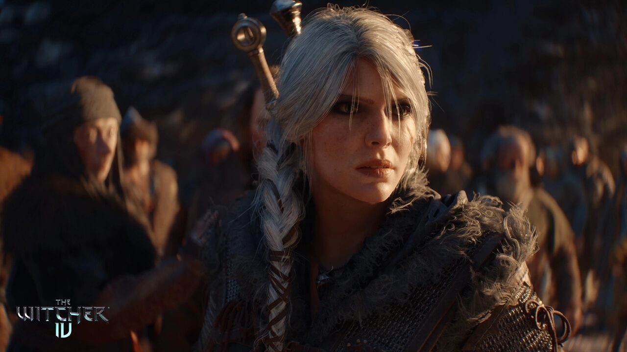 Close up of a Silver haired Woman with a Braided Ponytail Wearing Rugged Armor and a Sword on Her Back Among a Blurred Crowd