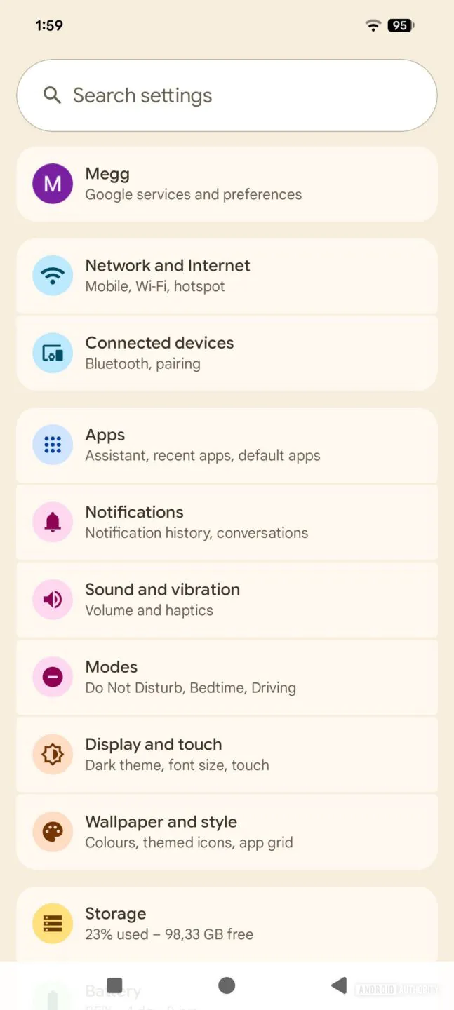 Android Settings screen with a search bar at the top and a vertical list of categories (Network, Apps, Notifications, Display, Storage). No images of people.