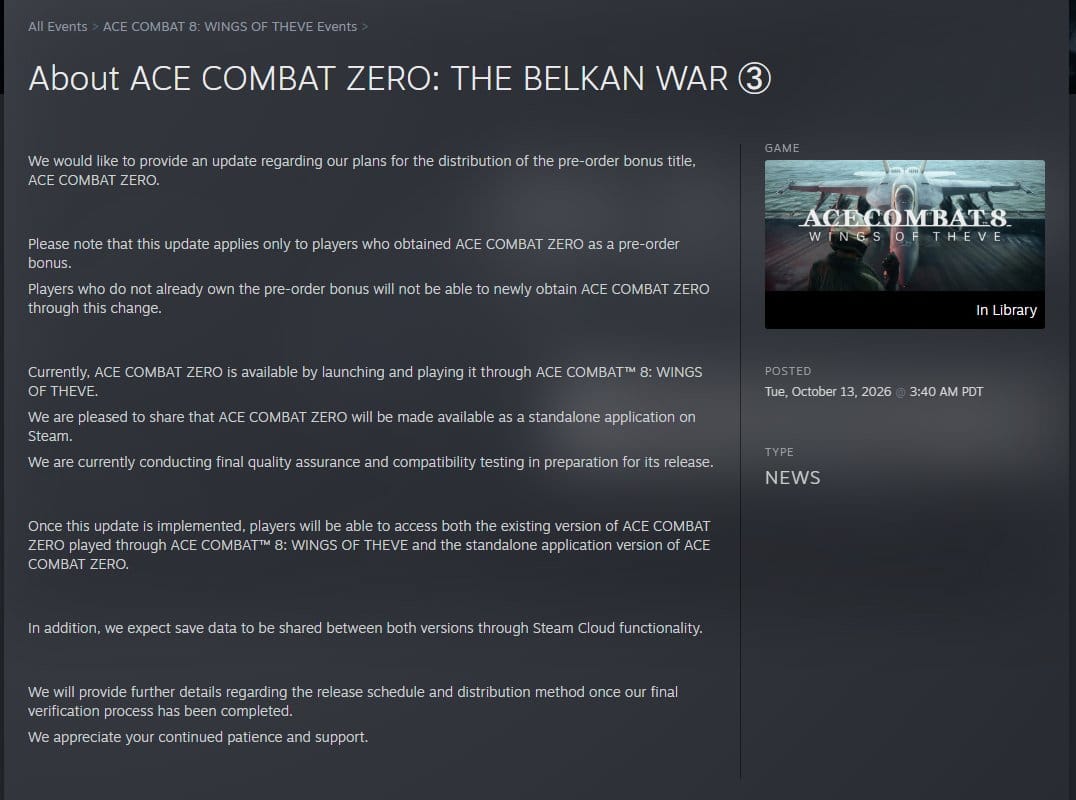 باندای نامکو نسخه استیم Ace Combat Zero را به یک بازی جدا تبدیل می‌کند