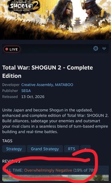 سگا فروش Total War: SHOGUN 2 – Complete Edition را متوقف کرد | لینک ۳۶۵